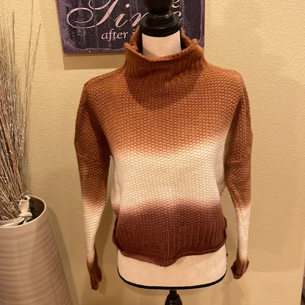 She + Sky Tie dye Brown Cream Chunky ombre Mock Neck Sweater NWT Size Small